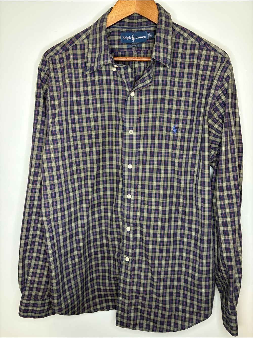 Ralph Lauren Y2K Era Olive Green & Navy Plaid Button-Down Shirt Classic Fit.